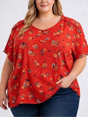 Speed Limit 3X Plus Size Red Floral Blouse Short Sleeve Button Shoulder Top(A556
